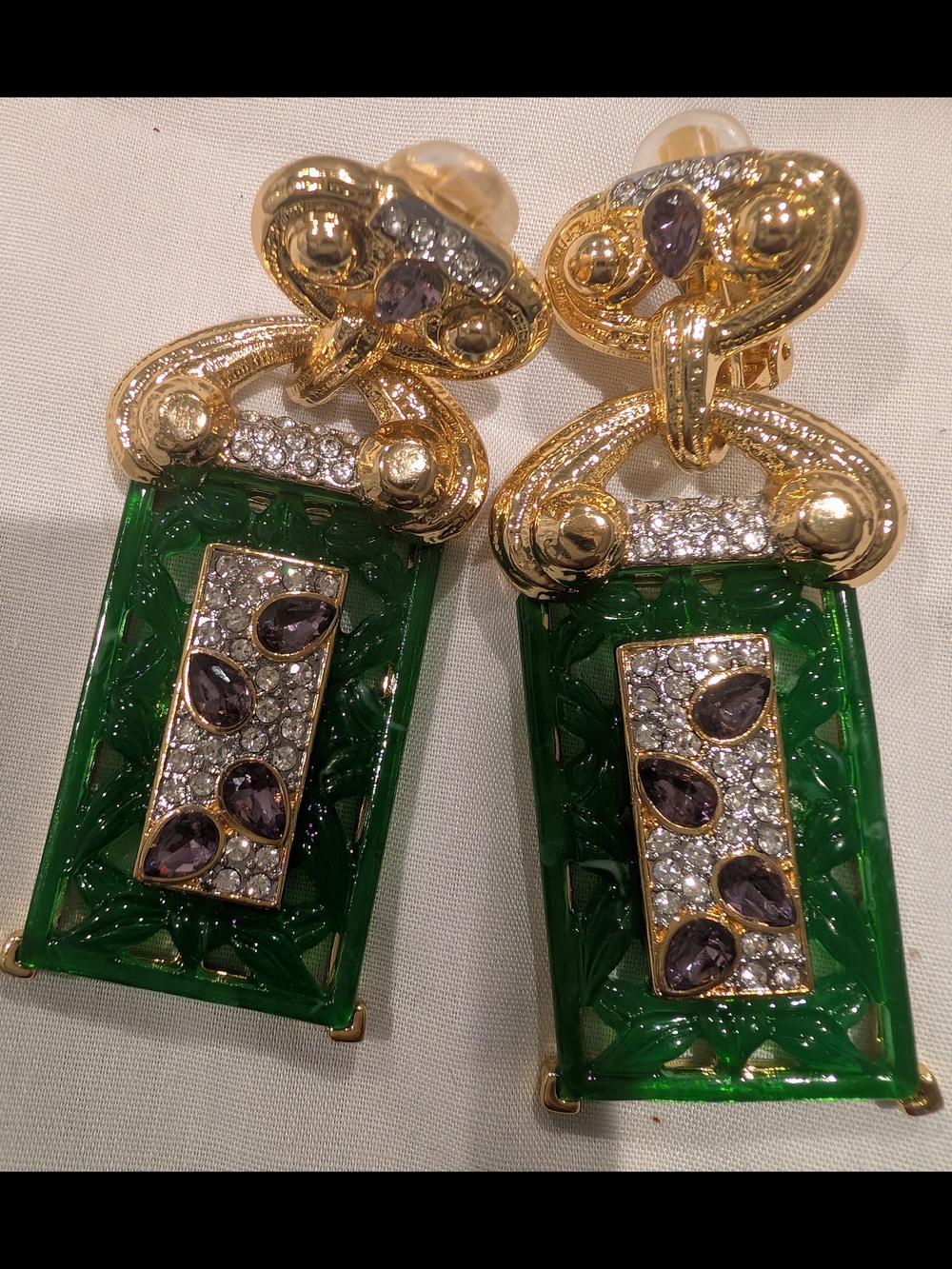 Catwalk Jon Gold-Tone Green Resin Drop Earrings with Purple Crystal Accents - Picture 2 of 7